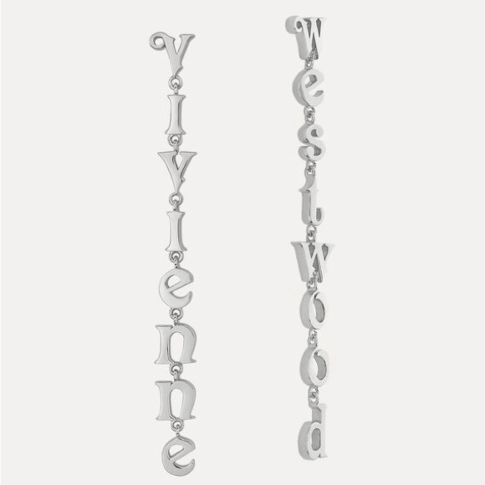 VIVIENNE WESTWOOD RAIMUNDA ASYMMETRICAL LETTER DROP EARRINGS – SILVER TONE - Picture 2 of 6
